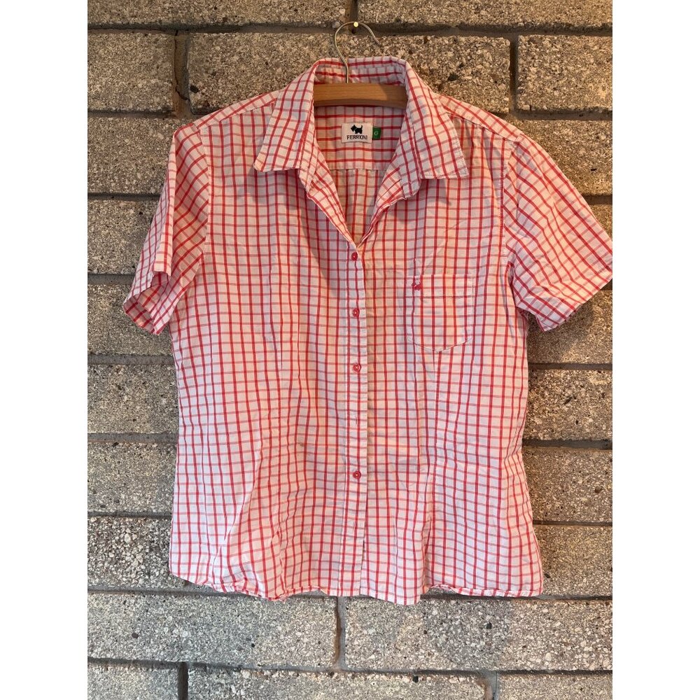 Ferrioni Womens Red Plaid Short Sleeve Button-Up Shirt Size G Cotton Blend